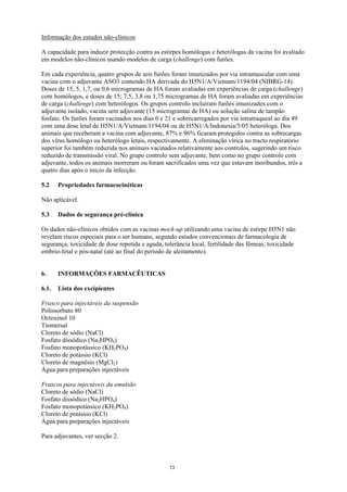 Informação dos estudos não-clínicos

A capacidade para induzir protecção contra as estirpes homólogas e heterólogas da vacina foi avaliado
em modelos não-clínicos usando modelos de carga (challenge) com furões.

Em cada experiência, quatro grupos de seis furões foram imunizados por via intramuscular com uma
vacina com o adjuvante ASO3 contendo HA derivada do H5N1/A/Vietnam/1194/04 (NIBRG-14).
Doses de 15, 5, 1,7, ou 0,6 microgramas de HA foram avaliadas em experiências de carga (challenge)
com homólogos, e doses de 15; 7,5; 3,8 ou 1,75 microgramas de HA foram avaliadas em experiências
de carga (challenge) com heterólogos. Os grupos controlo incluíram furões imunizados com o
adjuvante isolado, vacina sem adjuvante (15 microgramas de HA) ou solução salina de tampão
fosfato. Os furões foram vacinados nos dias 0 e 21 e sobrecarregados por via intratraqueal ao dia 49
com uma dose letal de H5N1/A/Vietnam/1194/04 ou de H5N1/A/Indonesia/5/05 heteróloga. Dos
animais que receberam a vacina com adjuvante, 87% e 96% ficaram protegidos contra as sobrecargas
dos vírus homólogo ou heterólogo letais, respectivamente. A eliminação vírica no tracto respiratório
superior foi também reduzida nos animais vacinados relativamente aos controlos, sugerindo um risco
reduzido de transmissão viral. No grupo controlo sem adjuvante, bem como no grupo controlo com
adjuvante, todos os animais morreram ou foram sacrificados uma vez que estavam moribundos, três a
quatro dias após o inicio da infecção.

5.2    Propriedades farmacocinéticas

Não aplicável.

5.3    Dados de segurança pré-clínica

Os dados não-clínicos obtidos com as vacinas mock-up utilizando uma vacina de estirpe H5N1 não
revelam riscos especiais para o ser humano, segundo estudos convencionais de farmacologia de
segurança, toxicidade de dose repetida e aguda, tolerância local, fertilidade das fêmeas, toxicidade
embrio-fetal e pós-natal (até ao final do período de aleitamento).


6.     INFORMAÇÕES FARMACÊUTICAS

6.1.   Lista dos excipientes

Frasco para injectáveis da suspensão
Polissorbato 80
Octoxinol 10
Tiomersal
Cloreto de sódio (NaCl)
Fosfato dissódico (Na2HPO4)
Fosfato monopotássico (KH2PO4)
Cloreto de potássio (KCl)
Cloreto de magnésio (MgCl2)
Água para preparações injectáveis

Frascos para injectáveis da emulsão
Cloreto de sódio (NaCl)
Fosfato dissódico (Na2HPO4)
Fosfato monopotássico (KH2PO4)
Cloreto de potássio (KCl)
Água para preparações injectáveis

Para adjuvantes, ver secção 2.



                                                  13
 