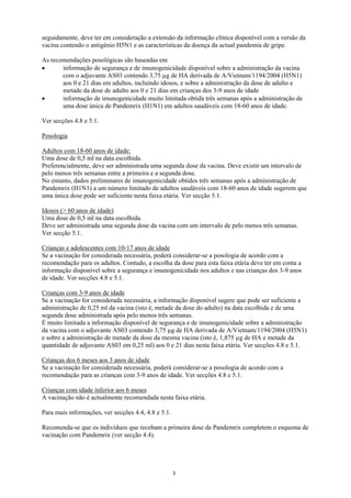 seguidamente, deve ter em consideração a extensão da informação clínica disponível com a versão da
vacina contendo o antigénio H5N1 e as características da doença da actual pandemia de gripe.

As recomendações posológicas são baseadas em
•      informação de segurança e de imunogenicidade disponível sobre a administração da vacina
       com o adjuvante AS03 contendo 3,75 µg de HA derivada de A/Vietnam/1194/2004 (H5N1)
       aos 0 e 21 dias em adultos, incluindo idosos, e sobre a administração da dose de adulto e
       metade da dose de adulto aos 0 e 21 dias em crianças dos 3-9 anos de idade
•      informação de imunogenicidade muito limitada obtida três semanas após a administração de
       uma dose única de Pandemrix (H1N1) em adultos saudáveis com 18-60 anos de idade.

Ver secções 4.8 e 5.1.

Posologia

Adultos com 18-60 anos de idade:
Uma dose de 0,5 ml na data escolhida.
Preferencialmente, deve ser administrada uma segunda dose da vacina. Deve existir um intervalo de
pelo menos três semanas entre a primeira e a segunda dose.
No entanto, dados preliminares de imunogenicidade obtidos três semanas após a administração de
Pandemrix (H1N1) a um número limitado de adultos saudáveis com 18-60 anos de idade sugerem que
uma única dose pode ser suficiente nesta faixa etária. Ver secção 5.1.

Idosos (> 60 anos de idade)
Uma dose de 0,5 ml na data escolhida.
Deve ser administrada uma segunda dose da vacina com um intervalo de pelo menos três semanas.
Ver secção 5.1.

Crianças e adolescentes com 10-17 anos de idade
Se a vacinação for considerada necessária, poderá considerar-se a posologia de acordo com a
recomendação para os adultos. Contudo, a escolha da dose para esta faixa etária deve ter em conta a
informação disponível sobre a segurança e imunogenicidade nos adultos e nas crianças dos 3-9 anos
de idade. Ver secções 4.8 e 5.1.

Crianças com 3-9 anos de idade
Se a vacinação for considerada necessária, a informação disponível sugere que pode ser suficiente a
administração de 0,25 ml da vacina (isto é, metade da dose do adulto) na data escolhida e de uma
segunda dose administrada após pelo menos três semanas.
É muito limitada a informação disponível de segurança e de imunogenicidade sobre a administração
da vacina com o adjuvante AS03 contendo 3,75 µg de HA derivada de A/Vietnam/1194/2004 (H5N1)
e sobre a administração de metade da dose da mesma vacina (isto é, 1,875 µg de HA e metade da
quantidade de adjuvante AS03 em 0,25 ml) aos 0 e 21 dias nesta faixa etária. Ver secções 4.8 e 5.1.

Crianças dos 6 meses aos 3 anos de idade
Se a vacinação for considerada necessária, poderá considerar-se a posologia de acordo com a
recomendação para as crianças com 3-9 anos de idade. Ver secções 4.8 e 5.1.

Crianças com idade inferior aos 6 meses
A vacinação não é actualmente recomendada nesta faixa etária.

Para mais informações, ver secções 4.4, 4.8 e 5.1.

Recomenda-se que os indivíduos que recebam a primeira dose de Pandemrix completem o esquema de
vacinação com Pandemrix (ver secção 4.4).




                                                     3
 