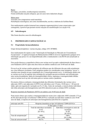 Raros:
Nevralgia, convulsões, trombocitopenia transitória.
Foram notificadas reacções alérgicas, que em casos raros induziram choque.

Muito raros:
Vasculite com compromisso renal transitório.
Perturbações neurológicas, tais como encefalomielite, nevrite e síndrome de Guillain-Barré.

Este medicamento contém tiomersal (um composto organomercúrico) como conservante e por
conseguinte, é possível que possam ocorrer reacções de sensibilização (ver secção 4.4).

4.9   Sobredosagem

Não foram descritos casos de sobredosagem.


5.    PROPRIEDADES FARMACOLÓGICAS

5.1   Propriedades farmacodinâmicas

Grupo farmacoterapêutico: vacinas da gripe, código ATC J07BB02.

Este medicamento foi sujeito a uma “Autorização de Introdução no Mercado em Circunstâncias
Excepcionais”. A Agência Europeia de Medicamentos (EMEA) irá rever regularmente qualquer nova
informação que possa vir a ser disponibilizada sobre o medicamento e este RCM será actualizado se
necessário.

Esta secção descreve a experiência clínica com vacinas mock-up após a administração de duas doses e
com Pandemrix (H1N1) após uma dose única em adultos saudáveis com 18-60 anos de idade.

Os mock-up de vacinas contêm antigénios de influenza que são diferentes dos que estão actualmente
nos vírus influenza circulantes. Estes antigénios podem ser considerados como antigénios “novos” e
simulam uma situação em que a população alvo é imunologicamente naive. A informação obtida com
as vacinas mock-up irá suportar uma estratégia da vacinação que provavelmente será utilizada para
uma vacina da pandemia: dados de imunogenicidade clínica, segurança e reactogenicidade obtidos
com as vacinas mock-up são relevantes para as vacinas contra a pandemia.

Os ensaios clínicos avaliaram a imunogenicidade das diferentes formulações das vacinas com o
adjuvante AS03 e sem adjuvante (A/H5N1) em indivíduos com 3-9 anos, 18-60 anos e > 60 anos de
idade, após um esquema de vacinação aos 0 e 21 dias. Antes da vacinação, a maioria destes indivíduos
não tinha anticorpos anti-hemaglutinina (anti-HA) detectáveis para as estirpes H5N1 avaliadas.

Resposta imunitária de Pandemrix (H1N1) em adultos com 18-60 anos de idade

Num ensaio clínico que avaliou a imunogenicidade da vacina com o adjuvante AS03 contendo 3,75 µg
de HA derivada do tipo A/California/7/2009 (H1N1)v realizado em indivíduos saudáveis com 18-60
anos de idade, a resposta em anticorpos anti-hemaglutinina (anti-HA) foi a seguinte:

anticorpo anti-HA                  Resposta imunitária ao tipo A/California/7/2009 (H1N1)v
                                                     21 dias após a 1ª dose
                            Total de indivíduos recrutados       Indivíduos seronegativos antes da
                                         N=61                                vacinação
                                       [IC 95%]                                 N=40
                                                                              [IC 95%]
Taxa de seroprotecção1                   100%                                   100%
                                      [94,1;100]                             [91,2;100]
Taxa de seroconversão2                   96,7%                                  100%

                                                 7
 