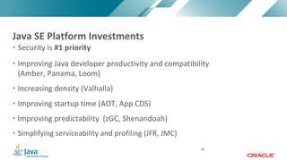 Copyright © 2017, Oracle and/or its affiliates. All rights reserved. |Copyright © 2017, Oracle and/or its affiliates. All rights reserved.
• Improving Java developer productivity and compatibility
(Amber, Panama, Loom)
• Increasing density (Valhalla)
• Improving startup time (AOT, App CDS)
• Improving predictability (zGC, Shenandoah)
• Simplifying serviceability and profiling (JFR, JMC)
• Security is #1 priority
Java SE Platform Investments
46
 
