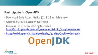 Copyright © 2017, Oracle and/or its affiliates. All rights reserved. |Copyright © 2017, Oracle and/or its affiliates. All rights reserved.
• Download Early Access Builds (11 & 12 available now)
• Adoption Group & Quality Outreach
• Join mail list prior to sending feedback:
http://mail.openjdk.java.net/mailman/listinfo/adoption-discuss
• https://wiki.openjdk.java.net/display/quality/Quality+Outreach
Participate in OpenJDK
 
