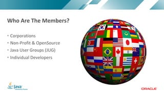 Copyright © 2017, Oracle and/or its affiliates. All rights reserved. |Copyright © 2017, Oracle and/or its affiliates. All rights reserved.
• Corporations
• Non-Profit & OpenSource
• Java User Groups (JUG)
• Individual Developers
Who Are The Members?
 