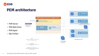 © Copyright EnterpriseDB Corporation, 2020. All rights reserved.
31
PEM architecture
• PEM Server
• PEM Web Client
• PEM Agent
• SQL Profiler
 