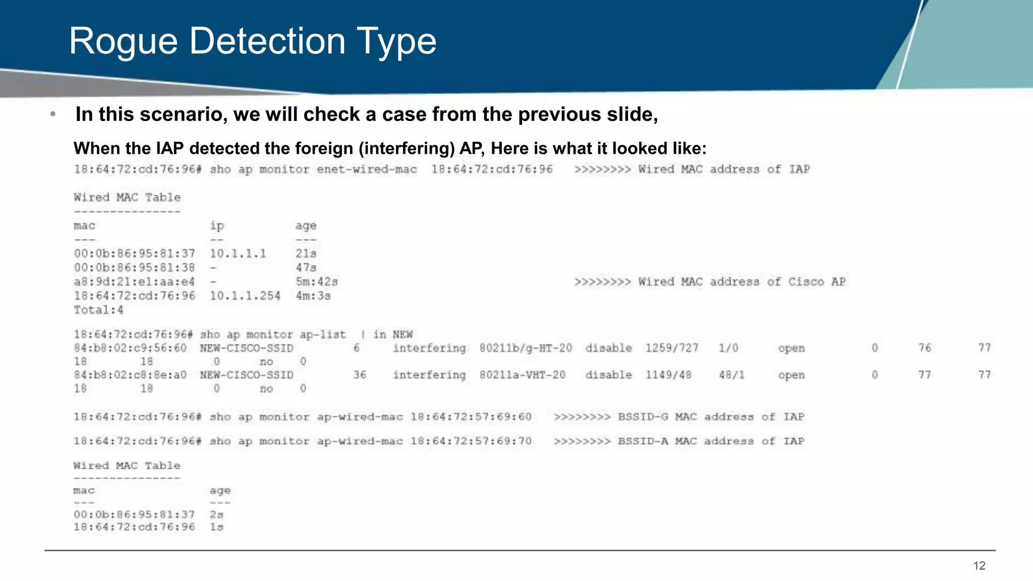 12
Rogue Detection Type
• In this scenario, we will check a case from the previous slide,
When the IAP detected the foreign (interfering) AP, Here is what it looked like:
 