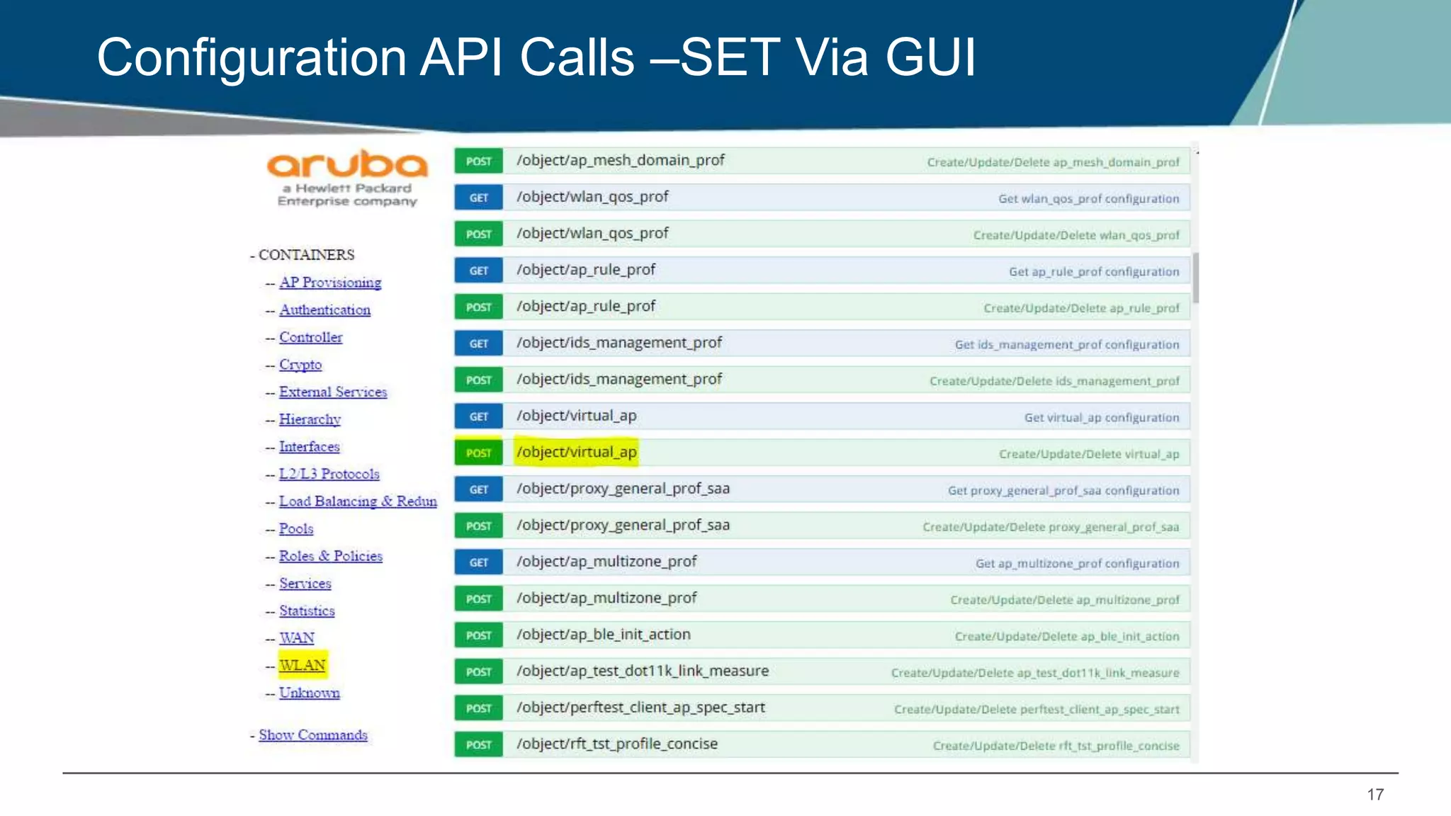 17
Configuration API Calls –SET Via GUI
 