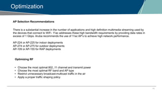11
Optimization
AP Selection Recommendations
There is a substantial increase in the number of applications and high definition multimedia streaming used by
the devices that connect to WiFi. 11ac addresses these high bandwidth requirements by providing data rates in
excess of 1 Gbps. Aruba recommends the use of 11ac AP’s to achieve high network performance.
AP-224 or AP-225 for indoor deployments
AP-274 or AP-275 for outdoor deployments
AP-109 or AP-155 for RAP deployments
Optimizing RF
• Choose the most optimal 802.,11 channel and transmit power
• Choose the most optimal RF band and AP type
• Restrict unnecessary broadcast-multicast traffic in the air
• Apply a proper traffic shaping policy
 