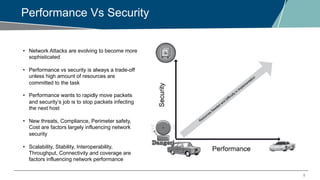 5
Performance Vs Security
• Network Attacks are evolving to become more
sophisticated
• Performance vs security is always a trade-off
unless high amount of resources are
committed to the task
• Performance wants to rapidly move packets
and security’s job is to stop packets infecting
the next host
• New threats, Compliance, Perimeter safety,
Cost are factors largely influencing network
security
• Scalability, Stability, Interoperability,
Throughput, Connectivity and coverage are
factors influencing network performance
 