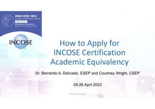 How to Apply for
INCOSE Certification
Academic Equivalency
Dr. Bernardo A. Delicado, ESEP and Courtney Wright, CSEP
24-26 April 2023
Academic Equivalency 1
 
