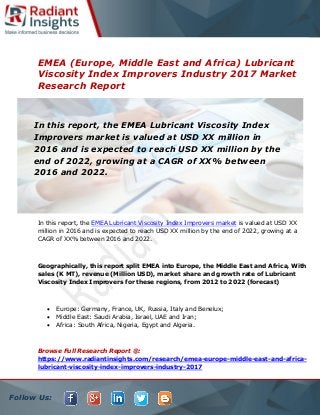Follow Us:
EMEA (Europe, Middle East and Africa) Lubricant
Viscosity Index Improvers Industry 2017 Market
Research Report
In this report, the EMEA Lubricant Viscosity Index Improvers market is valued at USD XX
million in 2016 and is expected to reach USD XX million by the end of 2022, growing at a
CAGR of XX% between 2016 and 2022.
Geographically, this report split EMEA into Europe, the Middle East and Africa, With
sales (K MT), revenue (Million USD), market share and growth rate of Lubricant
Viscosity Index Improvers for these regions, from 2012 to 2022 (forecast)
 Europe: Germany, France, UK, Russia, Italy and Benelux;
 Middle East: Saudi Arabia, Israel, UAE and Iran;
 Africa: South Africa, Nigeria, Egypt and Algeria.
Browse Full Research Report @:
https://www.radiantinsights.com/research/emea-europe-middle-east-and-africa-
lubricant-viscosity-index-improvers-industry-2017
In this report, the EMEA Lubricant Viscosity Index
Improvers market is valued at USD XX million in
2016 and is expected to reach USD XX million by the
end of 2022, growing at a CAGR of XX% between
2016 and 2022.
 
