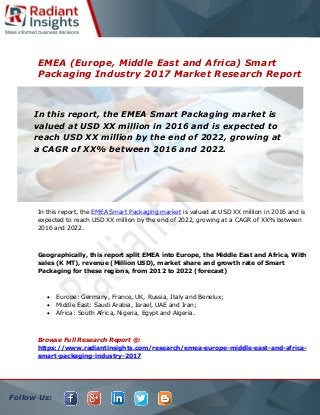 Follow Us:
EMEA (Europe, Middle East and Africa) Smart
Packaging Industry 2017 Market Research Report
In this report, the EMEA Smart Packaging market is valued at USD XX million in 2016 and is
expected to reach USD XX million by the end of 2022, growing at a CAGR of XX% between
2016 and 2022.
Geographically, this report split EMEA into Europe, the Middle East and Africa, With
sales (K MT), revenue (Million USD), market share and growth rate of Smart
Packaging for these regions, from 2012 to 2022 (forecast)
 Europe: Germany, France, UK, Russia, Italy and Benelux;
 Middle East: Saudi Arabia, Israel, UAE and Iran;
 Africa: South Africa, Nigeria, Egypt and Algeria.
Browse Full Research Report @:
https://www.radiantinsights.com/research/emea-europe-middle-east-and-africa-
smart-packaging-industry-2017
In this report, the EMEA Smart Packaging market is
valued at USD XX million in 2016 and is expected to
reach USD XX million by the end of 2022, growing at
a CAGR of XX% between 2016 and 2022.
 