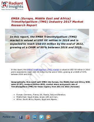 Follow Us:
EMEA (Europe, Middle East and Africa)
Trimethylgallium (TMG) Industry 2017 Market
Research Report
In this report, the EMEA Trimethylgallium (TMG) market is valued at USD XX million in 2016
and is expected to reach USD XX million by the end of 2022, growing at a CAGR of XX%
between 2016 and 2022.
Geographically, this report split EMEA into Europe, the Middle East and Africa, With
sales (K MT), revenue (Million USD), market share and growth rate of
Trimethylgallium (TMG) for these regions, from 2012 to 2022 (forecast)
 Europe: Germany, France, UK, Russia, Italy and Benelux;
 Middle East: Saudi Arabia, Israel, UAE and Iran;
 Africa: South Africa, Nigeria, Egypt and Algeria.
In this report, the EMEA Trimethylgallium (TMG)
market is valued at USD XX million in 2016 and is
expected to reach USD XX million by the end of 2022,
growing at a CAGR of XX% between 2016 and 2022.
 