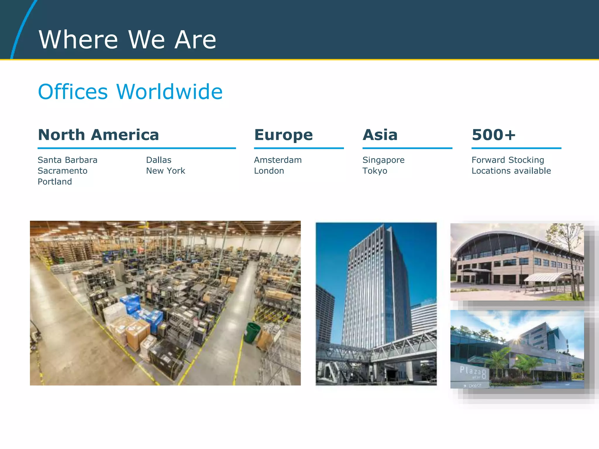 500+
Forward Stocking
Locations available
Asia
Singapore
Tokyo
Europe
Amsterdam
London
North America
Santa Barbara Dallas
Sacramento New York
Portland
Offices Worldwide
Where We Are
 