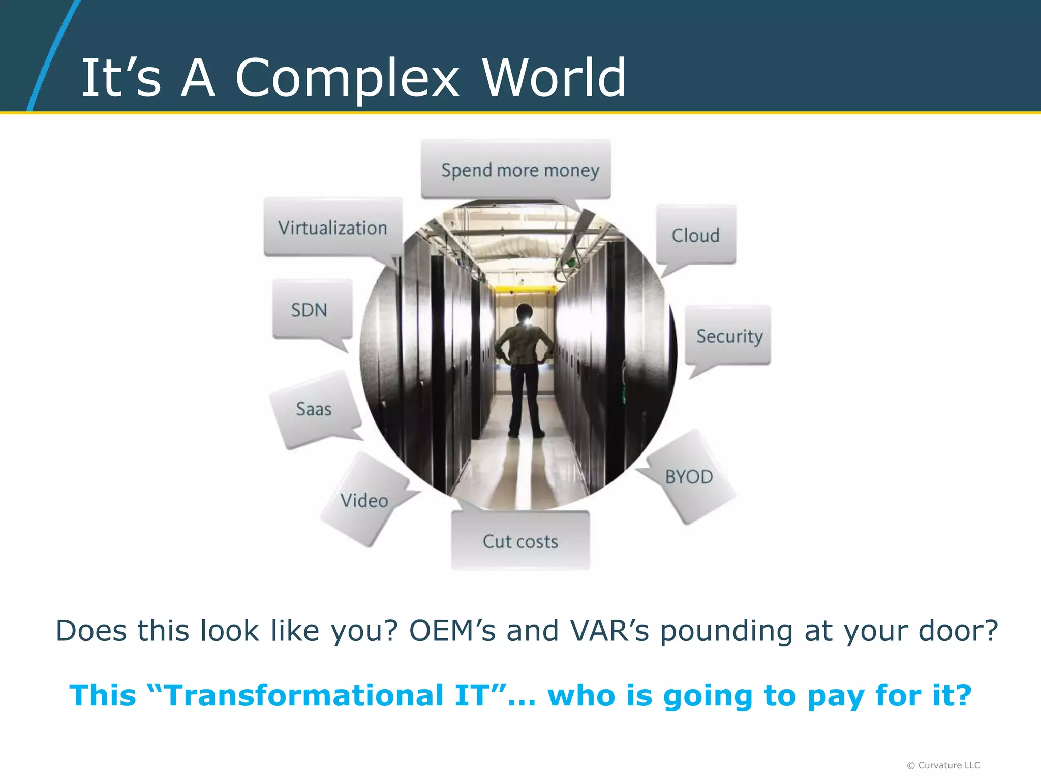 It’s A Complex World
Does this look like you? OEM’s and VAR’s pounding at your door?
This “Transformational IT”… who is going to pay for it?
© Curvature LLC
 