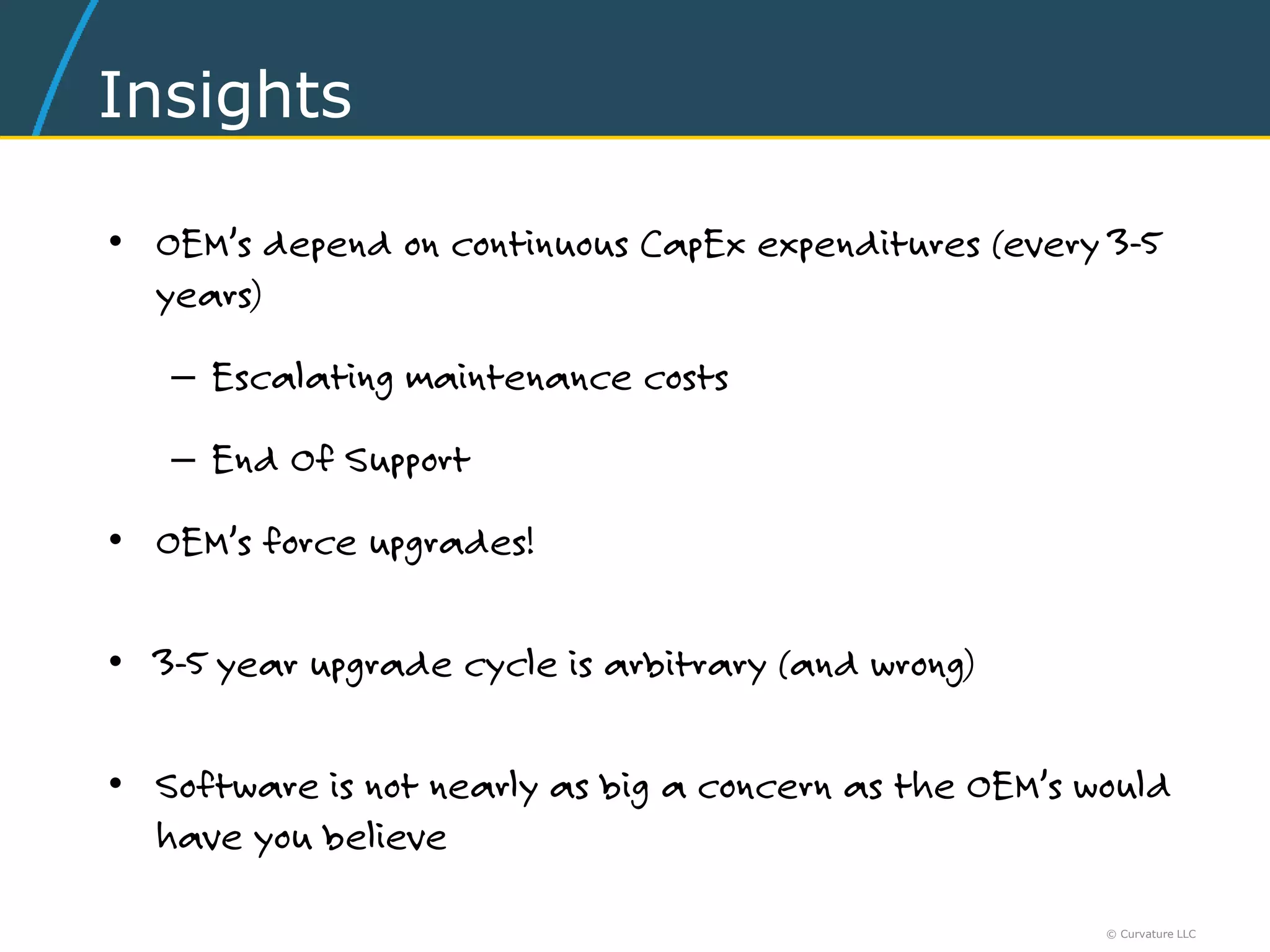 © Curvature LLC
Insights
• OEM’s depend on continuous CapEx expenditures (every 3-5
years)
– Escalating maintenance costs
– End Of Support
• OEM’s force upgrades!
• 3-5 year upgrade cycle is arbitrary (and wrong)
• Software is not nearly as big a concern as the OEM’s would
have you believe
 