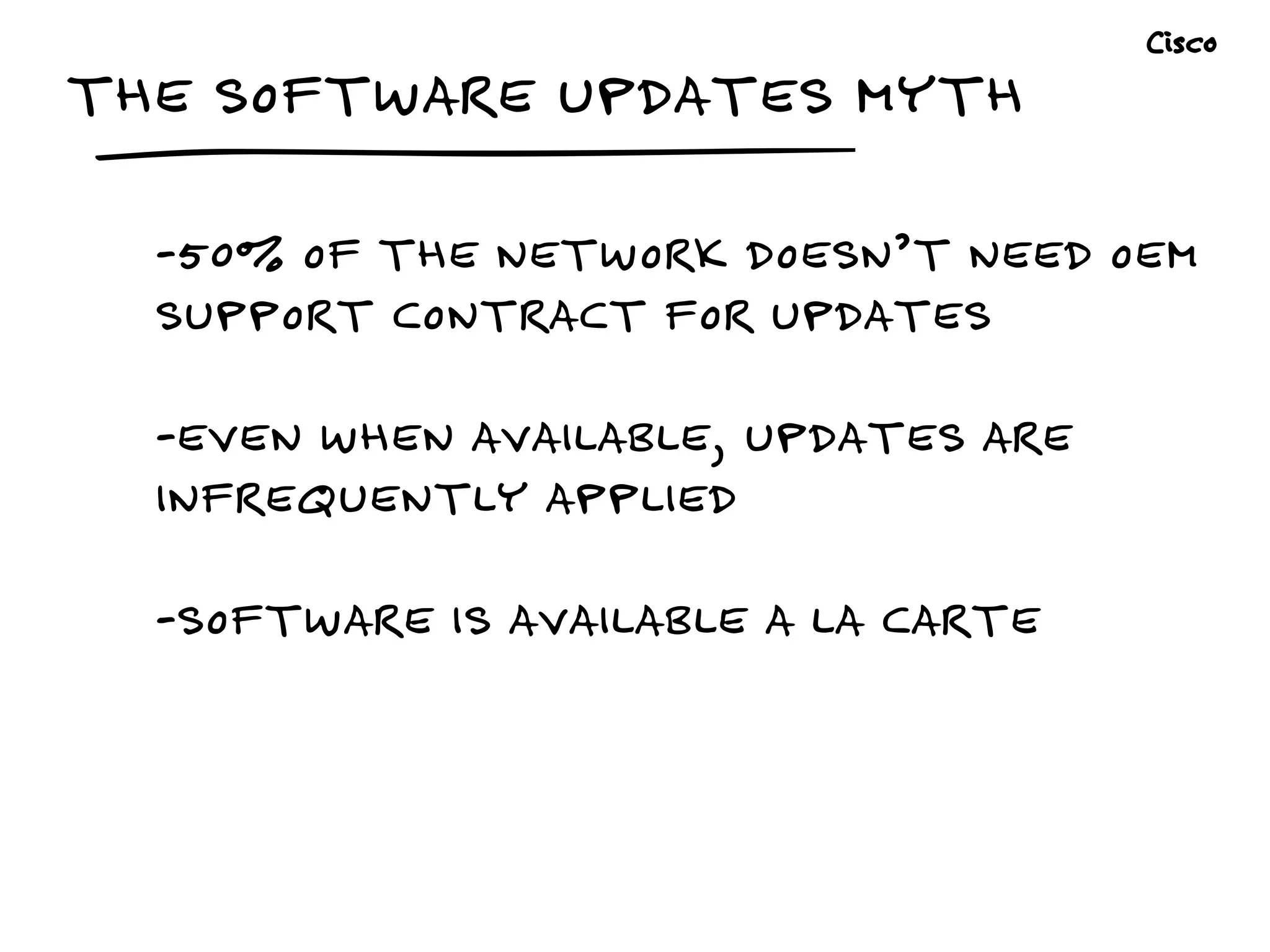 -50% OF THE NETWORK DOESN’T NEED OEM
SUPPORT CONTRACT FOR UPDATES
-EVEN WHEN AVAILABLE, UPDATES ARE
INFREQUENTLY APPLIED
-SOFTWARE IS AVAILABLE A LA CARTE
THE SOFTWARE UPDATES MYTH
Cisco
 