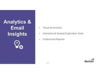 Page 27Marketo Proprietary and Confidential | © Marketo, Inc. 9/13/2016
• Visual Summaries
• Interactive & Guided Exploration Tools
• Customized Reports
Analytics &
Email
Insights
 