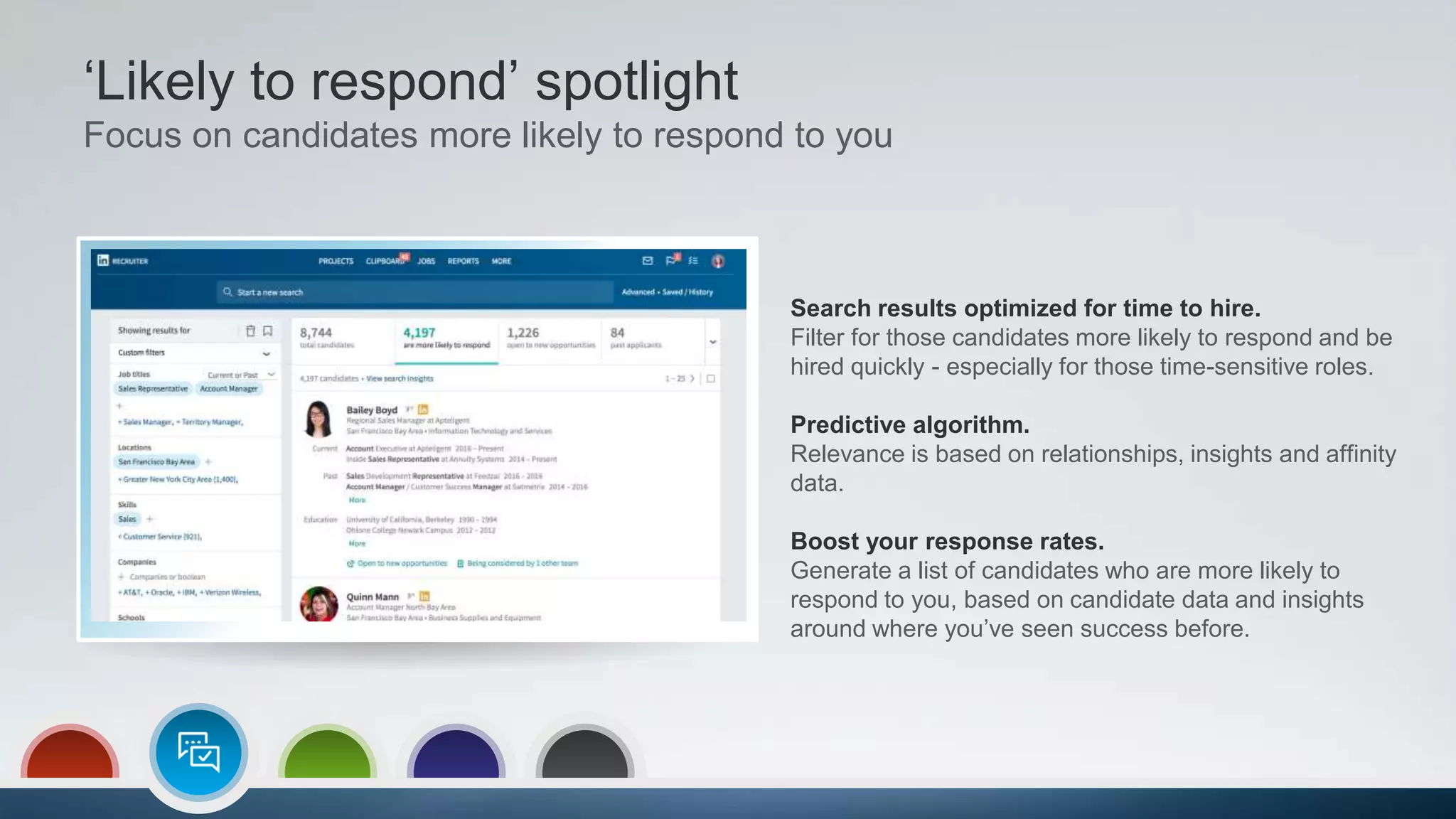 Search results optimized for time to hire.
Filter for those candidates more likely to respond and be
hired quickly - especially for those time-sensitive roles.
Predictive algorithm.
Relevance is based on relationships, insights and affinity
data.
Boost your response rates.
Generate a list of candidates who are more likely to
respond to you, based on candidate data and insights
around where you’ve seen success before.
‘Likely to respond’ spotlight
Focus on candidates more likely to respond to you
 