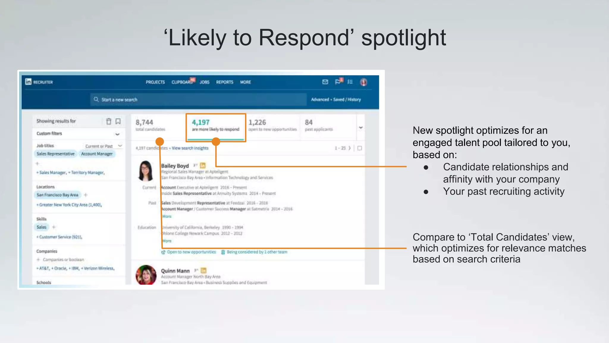 ‘Likely to Respond’ spotlight
New spotlight optimizes for an
engaged talent pool tailored to you,
based on:
● Candidate relationships and
affinity with your company
● Your past recruiting activity
Compare to ‘Total Candidates’ view,
which optimizes for relevance matches
based on search criteria
 