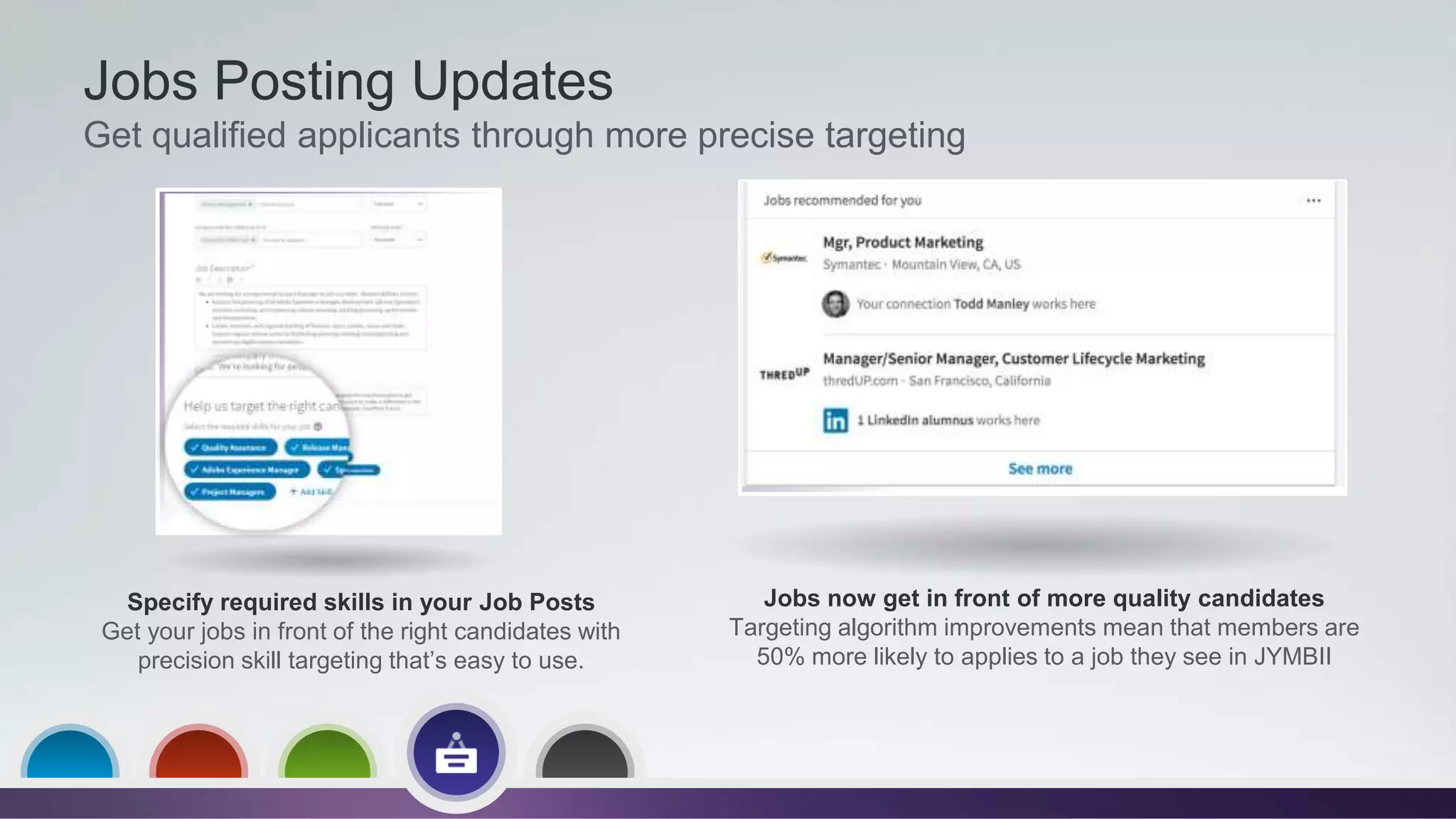 Jobs Posting Updates
Get qualified applicants through more precise targeting
Specify required skills in your Job Posts
Get your jobs in front of the right candidates with
precision skill targeting that’s easy to use.
Jobs now get in front of more quality candidates
Targeting algorithm improvements mean that members are
50% more likely to applies to a job they see in JYMBII
 