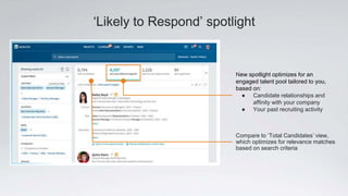 ‘Likely to Respond’ spotlight
New spotlight optimizes for an
engaged talent pool tailored to you,
based on:
● Candidate relationships and
affinity with your company
● Your past recruiting activity
Compare to ‘Total Candidates’ view,
which optimizes for relevance matches
based on search criteria
 