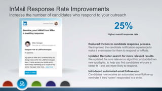 InMail Response Rate Improvements
Increase the number of candidates who respond to your outreach
Higher overall response rate
25%
Reduced friction in candidate response process.
We improved the candidate notification experience to
make it even easier for them to respond to InMails.
Updated Recruiter search for more relevant results.
We updated the core relevance algorithm, and added two
new spotlights, to help you find candidates who are a
better fit - and are more likely to respond.
Introduced automated email follow-ups.
Candidates now receive an automated email follow-up
reminder if they haven’t responded in a while.
 