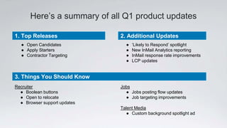 Here’s a summary of all Q1 product updates
● Open Candidates
● Apply Starters
● Contractor Targeting
● ‘Likely to Respond’ spotlight
● New InMail Analytics reporting
● InMail response rate improvements
● LCP updates
1. Top Releases
3. Things You Should Know
Recruiter
● Boolean buttons
● Open to relocate
● Browser support updates
2. Additional Updates
Jobs
● Jobs posting flow updates
● Job targeting improvements
Talent Media
● Custom background spotlight ad
 