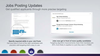 Jobs Posting Updates
Get qualified applicants through more precise targeting
Specify required skills in your Job Posts
Get your jobs in front of the right candidates with
precision skill targeting that’s easy to use.
Jobs now get in front of more quality candidates
Targeting algorithm improvements mean that members are
50% more likely to applies to a job they see in JYMBII
 