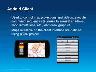 Andoid Client
•

Used to control map projections and videos, execute
command sequences (sun-rise to sun-set shadows,
flood simulations, etc.) and draw graphics

•

Maps available on the client interface are defined
using a GIS project

Esri EMEAUC13 Geographic Communication with Solid Terrain Models

 