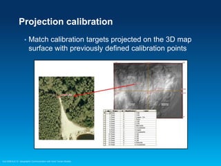 Projection calibration
•

Match calibration targets projected on the 3D map
surface with previously defined calibration points

Esri EMEAUC13 Geographic Communication with Solid Terrain Models

 