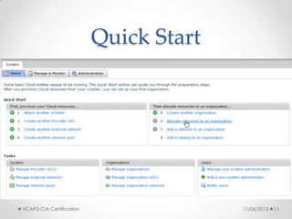Quick Start
11/06/2013VCAP5-CIA Certification 11
 