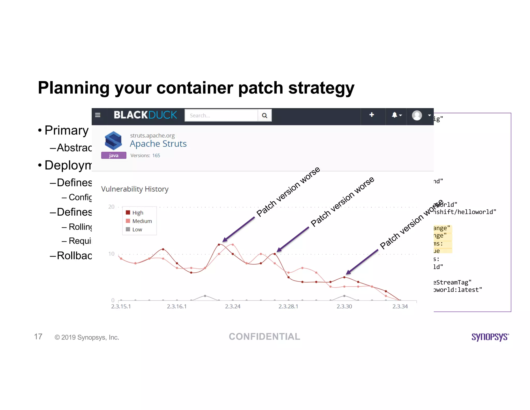 CONFIDENTIAL© 2019 Synopsys, Inc.17
• Primary objective: Facilitate application deployment
–Abstracts replication controllers and pods from users
• DeploymentConfig
–Defines the conditions for a new deployment
– Configuration and image changes supported
–Defines deployment strategy
– Rolling, recreate, blue/green, A/B, custom
– Requires “readiness” probes for pods
–Rollback via DeploymentConfigRollback
Planning your container patch strategy
kind: "DeploymentConfig"
apiVersion: "v1"
metadata:
name: "frontend"
spec:
template:
metadata:
labels:
name: "frontend"
spec:
containers:
- name: "helloworld"
image: "openshift/helloworld"
triggers:
- type: "ConfigChange"
- type: "ImageChange"
imageChangeParams:
automatic: true
containerNames:
- "helloworld"
from:
kind: "ImageStreamTag"
name: “helloworld:latest"
strategy:
type: "Rolling"
Patch
version
worse
Patch
version
worse
Patch
version
worse
 