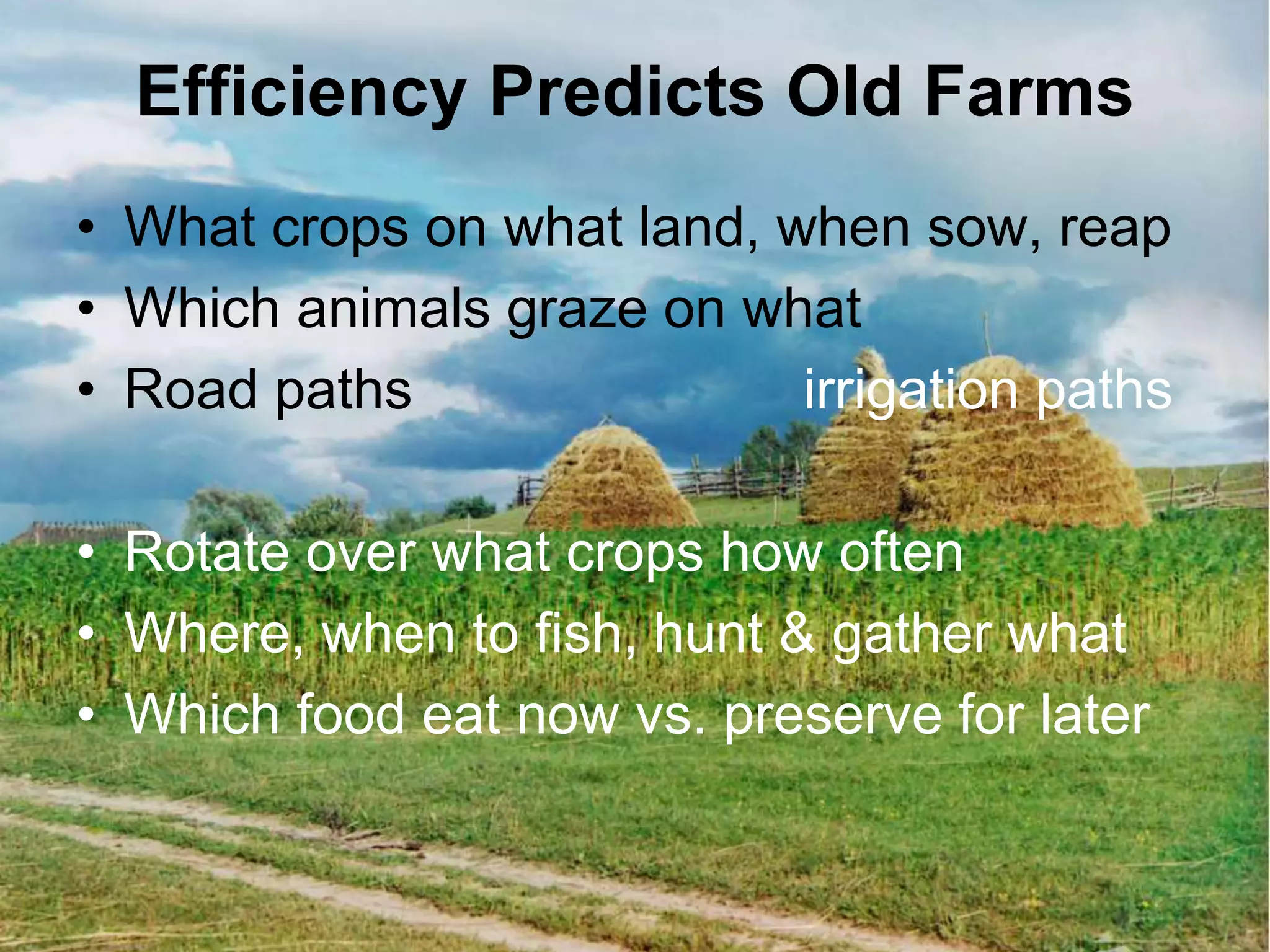 Efficiency Predicts Old Farms
• What crops on what land, when sow, reap
• Which animals graze on what
• Road paths irrigation paths
• Rotate over what crops how often
• Where, when to fish, hunt & gather what
• Which food eat now vs. preserve for later
 
