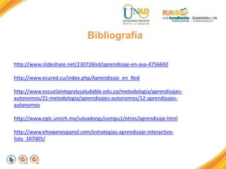 Bibliografía
http://www.slideshare.net/230726lsd/aprendizaje-en-ava-4756692
http://www.ecured.cu/index.php/Aprendizaje_en_Red
http://www.escuelaintegralysaludable.edu.co/metodologia/aprendizajes-
autonomos/21-metodologia/aprendizajes-autonomos/12-aprendizajes-
autonomos
http://www.eplc.umich.mx/salvadorgs/compu1/otros/aprendizaje.html
http://www.ehowenespanol.com/estrategias-aprendizaje-interactivo-
lista_107005/
 