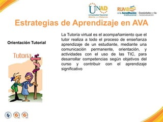 Estrategias de Aprendizaje en AVA
Orientación Tutorial
La Tutoría virtual es el acompañamiento que el
tutor realiza a todo el proceso de enseñanza
aprendizaje de un estudiante, mediante una
comunicación permanente, orientación, y
actividades con el uso de las TIC, para
desarrollar competencias según objetivos del
curso y contribuir con el aprendizaje
significativo
 