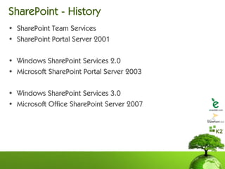 SharePoint - History
• SharePoint Team Services
• SharePoint Portal Server 2001

• Windows SharePoint Services 2.0
• Microsoft SharePoint Portal Server 2003

• Windows SharePoint Services 3.0
• Microsoft Office SharePoint Server 2007
 