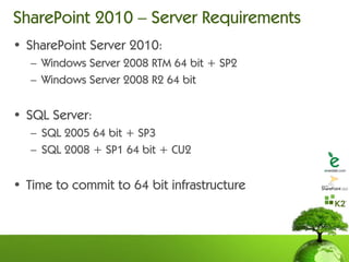 SharePoint 2010 – Server Requirements
• SharePoint Server 2010:
   – Windows Server 2008 RTM 64 bit + SP2
   – Windows Server 2008 R2 64 bit


• SQL Server:
   – SQL 2005 64 bit + SP3
   – SQL 2008 + SP1 64 bit + CU2


• Time to commit to 64 bit infrastructure
 