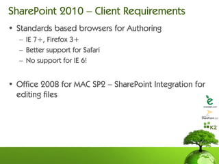 SharePoint 2010 – Client Requirements
• Standards based browsers for Authoring
   – IE 7+, Firefox 3+
   – Better support for Safari
   – No support for IE 6!


• Office 2008 for MAC SP2 – SharePoint Integration for
  editing files
 