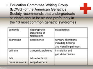 • Education Committee Writing Group 
(ECWG) of the American Geriatrics 
Society recommends that undergraduate 
students should be trained profoundly in 
the 13 most common geriatric syndromes 
dementia inappropriate 
prescribing of 
medications 
osteoporosis 
depression incontinence sensory alterations 
including hearing 
and visual impairment 
delirium iatrogenic problems immobility and 
gait disturbances 
falls failure to thrive 
pressure ulcers sleep disorders 
 