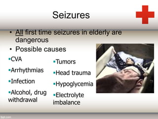 Seizures 
• All first time seizures in elderly are 
dangerous 
• Possible causes 
CVA 
Arrhythmias 
Infection 
Alcohol, drug 
withdrawal 
Tumors 
Head trauma 
Hypoglycemia 
Electrolyte 
imbalance 
 