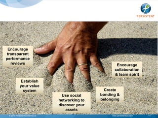 Encourage
transparent
performance
  reviews                                                Encourage
                                                        collaboration
                                                        & team spirit
            Establish
            your value
             system                                Create
                                   Use social    bonding &
                                 networking to   belonging
                                 discover your
                                     assets
 © 2010 Persistent Systems Ltd                        www.persistentsys.com   11
 