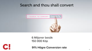 21
6 Miljoner besök
150 000 Köp
91% Högre Conversion rate
Search and thou shall convert
 