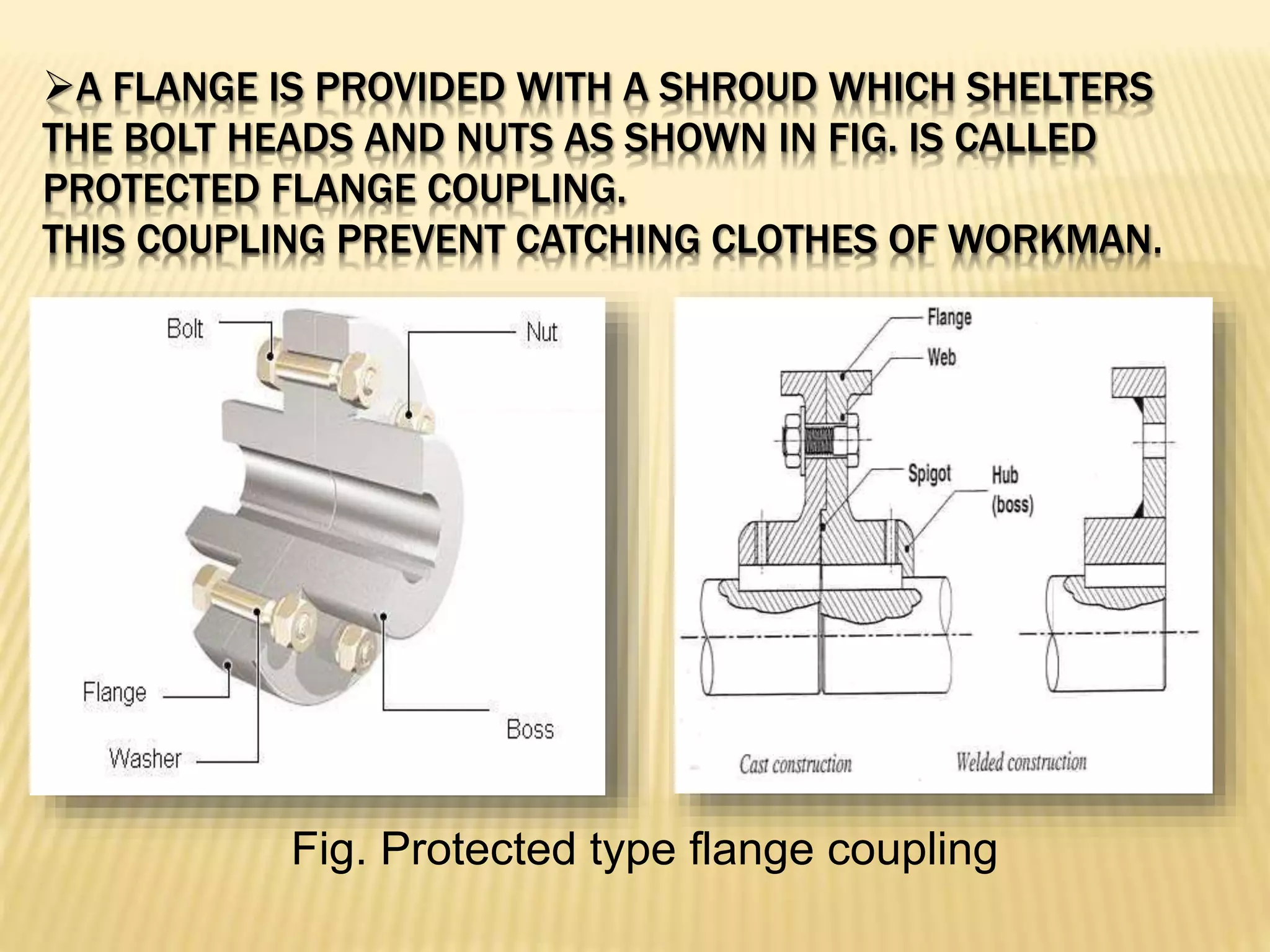 A FLANGE IS PROVIDED WITH A SHROUD WHICH SHELTERS
THE BOLT HEADS AND NUTS AS SHOWN IN FIG. IS CALLED
PROTECTED FLANGE COUPLING.
THIS COUPLING PREVENT CATCHING CLOTHES OF WORKMAN.
Fig. Protected type flange coupling
 