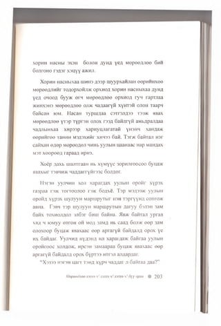 x op H H HacHbi 3X3h G ojioh a y h a y e A M e p e e flJ ie e Ghh
6 ojiroH O rs/isr x s u y y 33khji.
X opH H HacHbixaa uihhs a 33P m yyp xa n jia H eep H H H xee
M epee^JTHHr to a o p x o h jd k o p x n o A xopHH HacHbixaa A y ha
y eA o h o o a 6yy>K e rn M opee/u ioo o p x n o A ry n ra p raa a
>KHHX3H3 M epee/u ioo ojdk H aAaaryn x y h t s h o jio h raapn
GaficaH iom. H acaH T yp u i^aa c s tp s jia 33 T33>ic MBax
M e p e e fljie e y n p TyprsH o jio x P33A G afijiry fi aMb/ipajiflaa
HaAJibiHxaa x n p ss p xap n yu n araT afi yH3HH xaHAa>K
o o p H H re e t3 h h h M 3A3xnfir xh h ss Gafi. Tsr>K GafiTaji H3r
cafixaH e/iep MopooAOJi HHHb yyjibiH u,aaHaac Hap vianAax
m st x o o p o e A rapaaA npH3.
X o e p A a x b u iariTraaH Hb x y M y y c 3 o p H J iro o c o o 6yua>K
anaxbir t s b h h * n a A A a r r y fir s s c G ojiA or.
I b r u t y y jiH H ii xoji x a p a rA a x y y jib in o p o fir x y p s x
ra 3 p a a rs>K T o r r o o jio o rs>i< S o flie . Tsp M3/i33>ic y y jib m
o p o fiA x y p s x ru y jiy y H M a p u ip y T b ir hsh T s p r y y H A conro>ic
aB iia. Tsbh T3p u iy jiy y H M a p tu p yrb iH A a r y y Gsjish 3aM
G a fix to x h o jia o ji sjiG sr Ghhi G afiH a. Mb>k G a fiT a ji y p r a a
;i ii h lO M yy e T r e H oh moa 33ma Hb caaA 6oji>k eep 3aM
o jio x o o p Gyna'/K jm a x a a c eep a p r a r y fi G a fiA a jiA o p o x y e
hx 6 aH A ar. Y y jiH H A h yash a hji xapaiAa>i< 6 a fir a a y y jib iH
o p o fir o o c xojiaovk. n p c3 H 3 aM aap aa Gyna>ic HBaxaac eep
a p r a r y n G afiA a n A o p o x 6 yp T 3 3 H T rsji a jm a p A a r.
“ X 3333 H3r 3 H H arr T3HA xypH HaAAar ji G afiraa Aaa?”
M e p e e d n e e X3333 v! .13333 h! X3333 h! 6y o p x u # 203
 