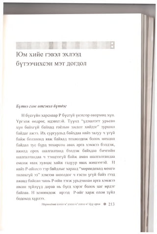 IOm XHfie T 3 B3JI 3XJI33£
6 y T 3 3 HHXC3 H M3 T AOrflOJI
Eymm zjjic um&esjt Oymdoz
H G y c ry H H x a p c n a a p P 6 y c r y M y i o x s s p 0B0p  ie u x y H .
Y pP3Ji'/K o o A p e r , h a s b x ts m . Tyyha “ yA3UJJi3nr y p b c a n
x y H G a flx ry H o a iix a A ro e jib iH 3 a ca n T X H H A sr” 3ypiuHJi
o a fiA a r a>K33. M x c y p r y y iib A 6aidX A aa H aifa 3 a n y y h y r y fi
oaii>K 60J1300HA flB5K oatixaA t o x h o jia o h c 6 o jio x h o x u o ji
oaH AaJi T y c 6 y p A t o x h p c o h a B ax a p r a X3M>K33 63jia3>k,
aacHJiA o p o x lu a jir a jn a n A 03jia3>k o a n x A a a 6H H rH M ii
m a J ira u ra H A a a m T S H L p s ry n 6aw>K aM aH m a ^ ra jiT a H A a a
OMce>K a B a x x y B u a c xafi/K r a A y y p a Bax >khiu33T3h. H
naid3 P-MHHX33 Tsp 6aHAJibir xapaaA “MepeeA©xeA mohto
T e jie x r y fi 33” X3M33H u io o jiA o r h r3C3H y r y n 6aH3 r33A
a>KaaA o a n ca H HHHb P-hhh t s o k ypbAHHJiaH a p r a X3M>K33
aB caH 3 yH J iyyA A a p a a h b S y r A x s p s r 6 o jio x u a r n p A s r
o a fiiia a . H xo>khm ao>k n p 3 3 A P-nflr xap>K o jio h 3yHJi
6oaoxoa xypji33.
Mepoodneo X3333 h! X3333 «//X3333 h! 6'Y opxu # 2 1 3
 