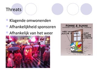Threats
 Klagende omwonenden
 Afhankelijkheid sponsoren
 Afhankelijk van het weer
 