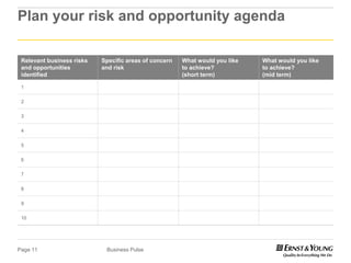 Plan your risk and opportunity agenda

 Relevant business risks   Specific areas of concern   What would you like   What would you like
 and opportunities         and risk                    to achieve?           to achieve?
 identified                                            (short term)          (mid term)

 1

 2

 3

 4

 5

 6

 7

 8

 9

 10




Page 11                     Business Pulse
 