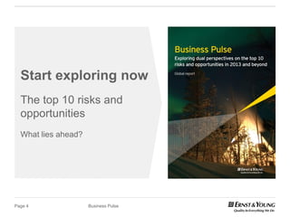 Start exploring now
  The top 10 risks and
  opportunities
  What lies ahead?




Page 4               Business Pulse
 