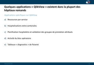Quelques applications « QlikView » existent dans la plupart des 
hôpitaux romands 
wwwwww..ppaaiaiannete.tc.ocmom 
20 
Applications spécifiques sur QlikView 
a) Ressources par service 
b) Hospitalisations extra-cantonales 
c) Planification hospitalière et validation des groupes de prestation attribués 
d) Activité du bloc opératoire 
e) Tableaux « diagnostics » de Paianet 
 