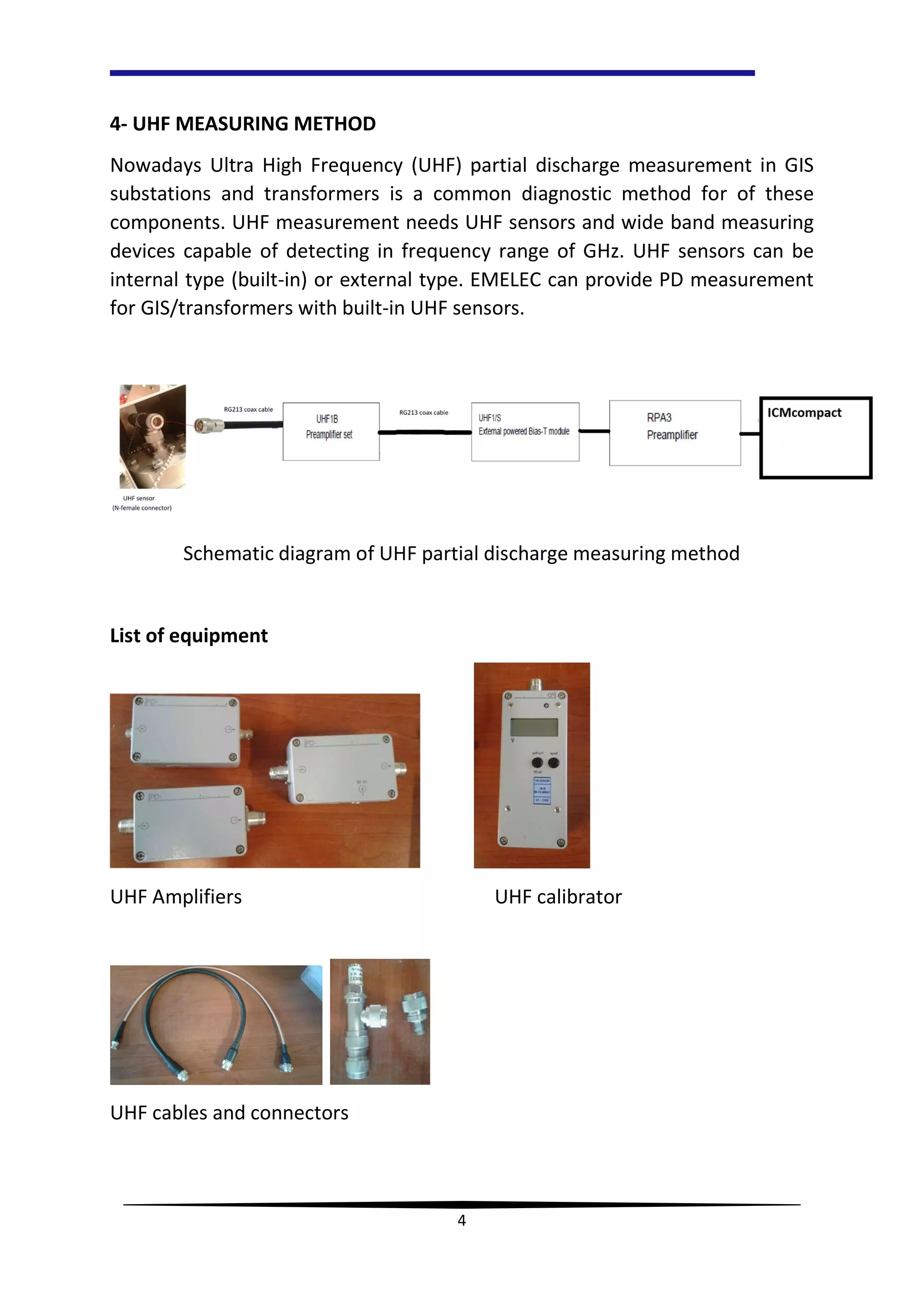 4
4- UHF MEASURING METHOD
Nowadays Ultra High Frequency (UHF) partial discharge measurement in GIS
substations and transformers is a common diagnostic method for of these
components. UHF measurement needs UHF sensors and wide band measuring
devices capable of detecting in frequency range of GHz. UHF sensors can be
internal type (built-in) or external type. EMELEC can provide PD measurement
for GIS/transformers with built-in UHF sensors.
Schematic diagram of UHF partial discharge measuring method
List of equipment
UHF Amplifiers UHF calibrator
UHF cables and connectors
 