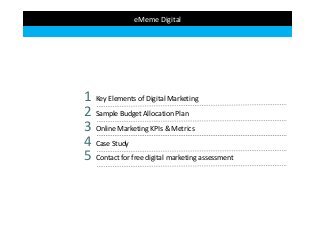 eMeme Digital
1 Key Elements of Digital Marketing
2 Sample Budget Allocation Plan
3 Online Marketing KPIs & Metrics
4 Case Study
5 Contact for free digital marketing assessment
 